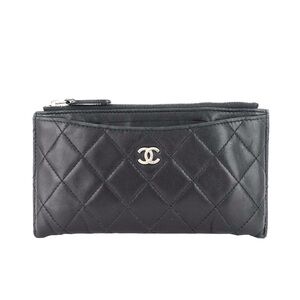 CHANEL Black w Silver Accents Classic Zip Lambskin Leather Wallet Wristlet